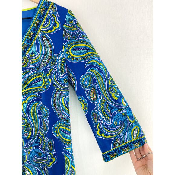 Laundry by Shelli Segal Paisley Blue Green Above Knee Peacock Shift Dress Small - Picture 5 of 8